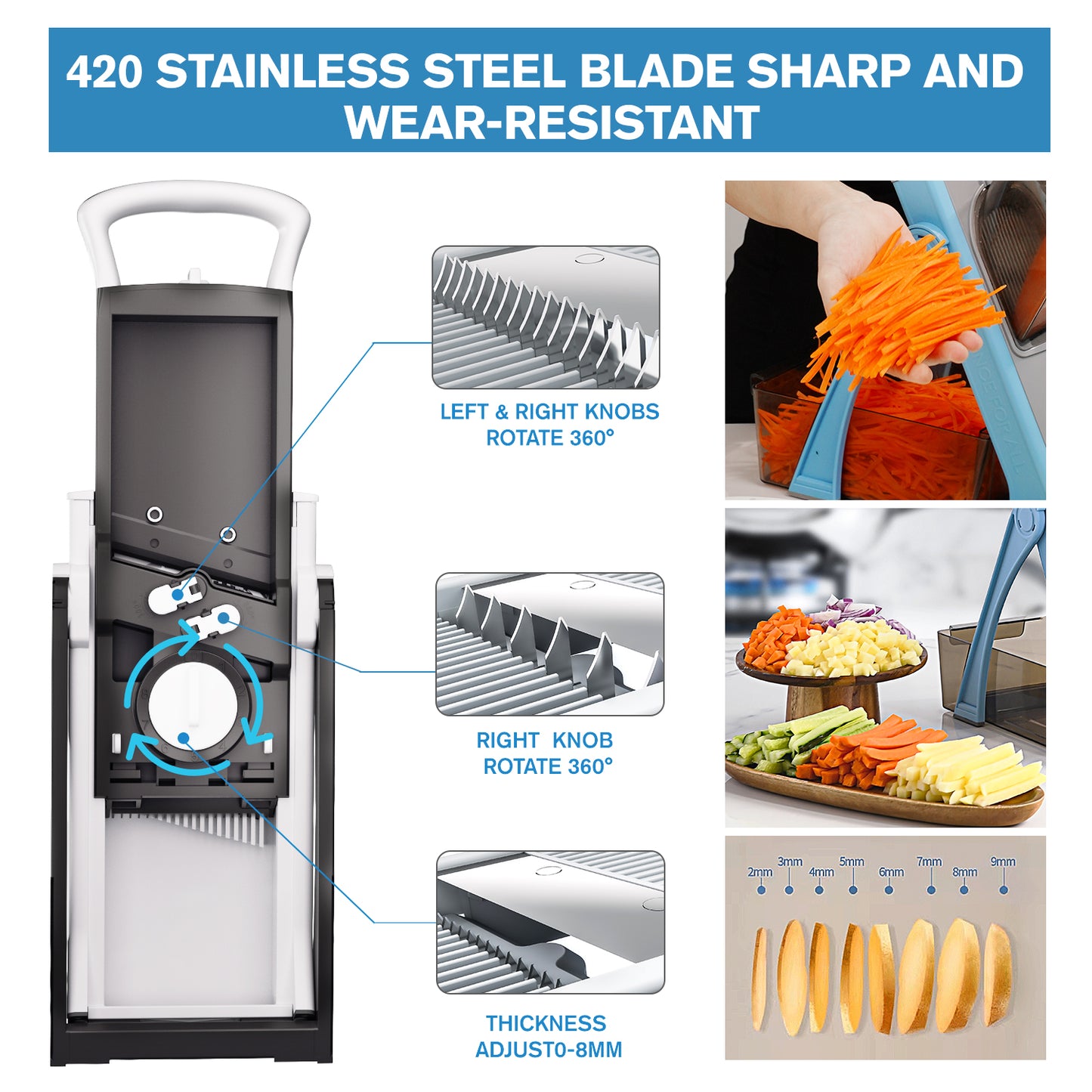 ONCE FOR ALL Upgrade Safe Mandoline Slicer Plus, Biger Size, Adjustable Vegetable Food Chopper Potato Fries Cutter, Detachable Blade, Kitchen Chopping Artifact, Gift (Black)