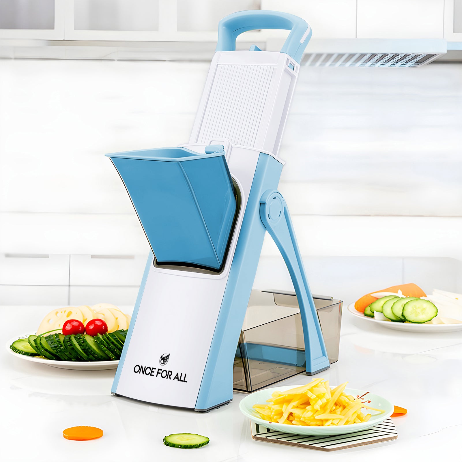ONCE FOR ALL Upgrade Safe Mandoline Slicer Plus, Biger Size, Adjustable Vegetable Food Chopper Potato Fries Cutter, Detachable Blade, Kitchen Chopping Artifact, Gift (SkyBlue)