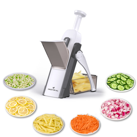 ONCE FOR ALL Safe Mandoline Slicer, Multi Vegetable Chopper, Potato Slicer for Kitchen, 4 Modes 100+ Presets Adjustable Thickness, French Fry Cutter (5 in 1)