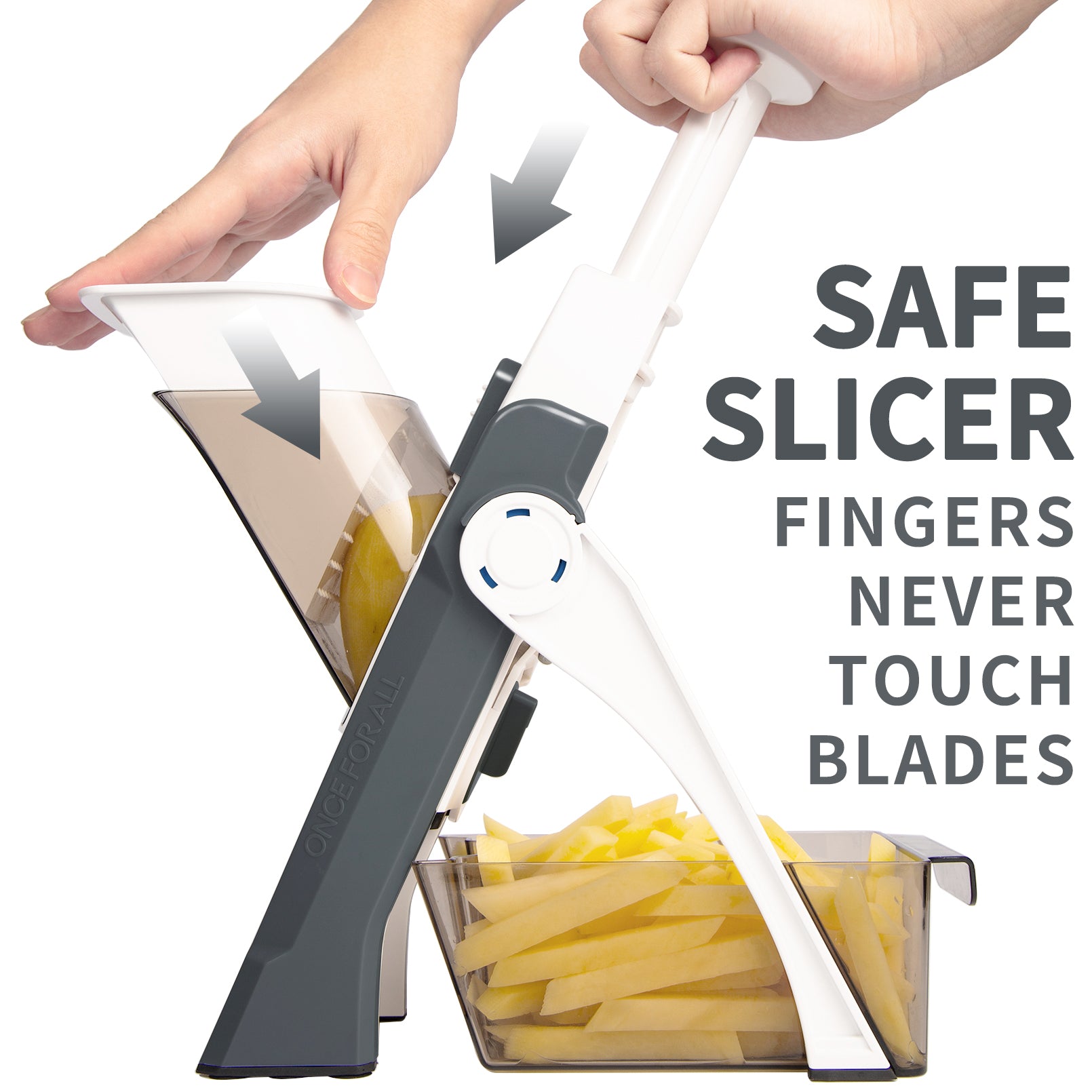 ONCE FOR ALL Safe Mandoline Slicer, Multi Vegetable Chopper, Potato Slicer for Kitchen, 4 Modes 100+ Presets Adjustable Thickness, French Fry Cutter (5 in 1)