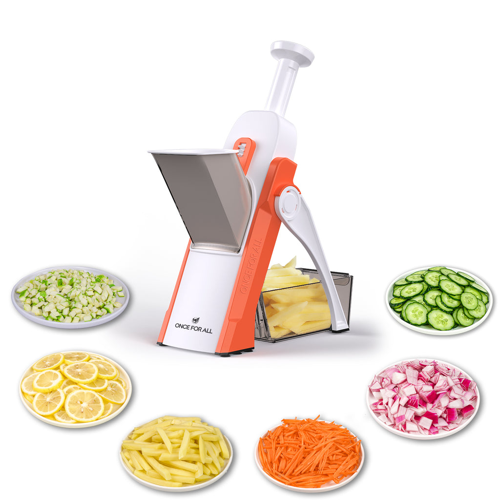 ONCE FOR ALL Safe Mandoline Slicer, Multi Vegetable Chopper, Potato Slicer for Kitchen, 4 Modes 100+ Presets Adjustable Thickness, French Fry Cutter (5 in 1)